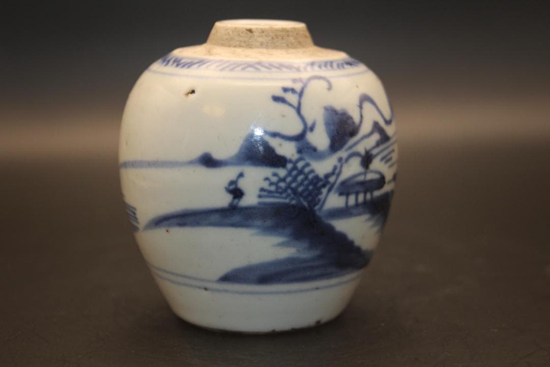 【海】古染付　清時代　人物山水絵中壺　本物保証！ 骨董品 時代品 美術品