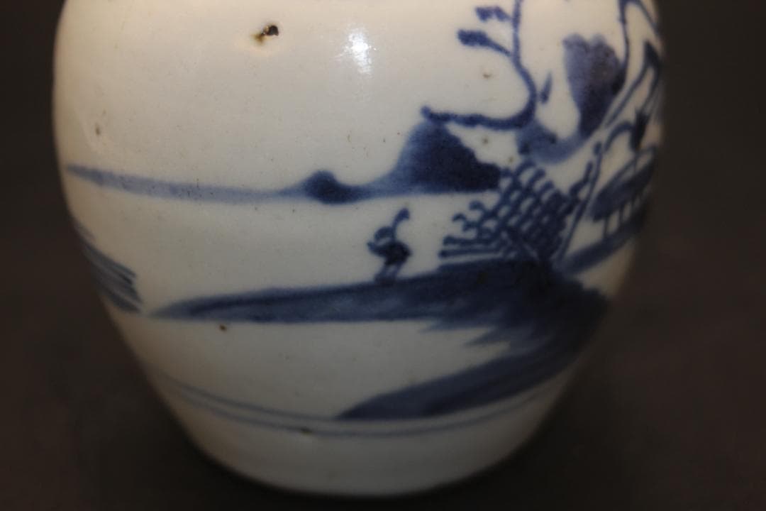 【海】古染付　清時代　人物山水絵中壺　本物保証！ 骨董品 時代品 美術品