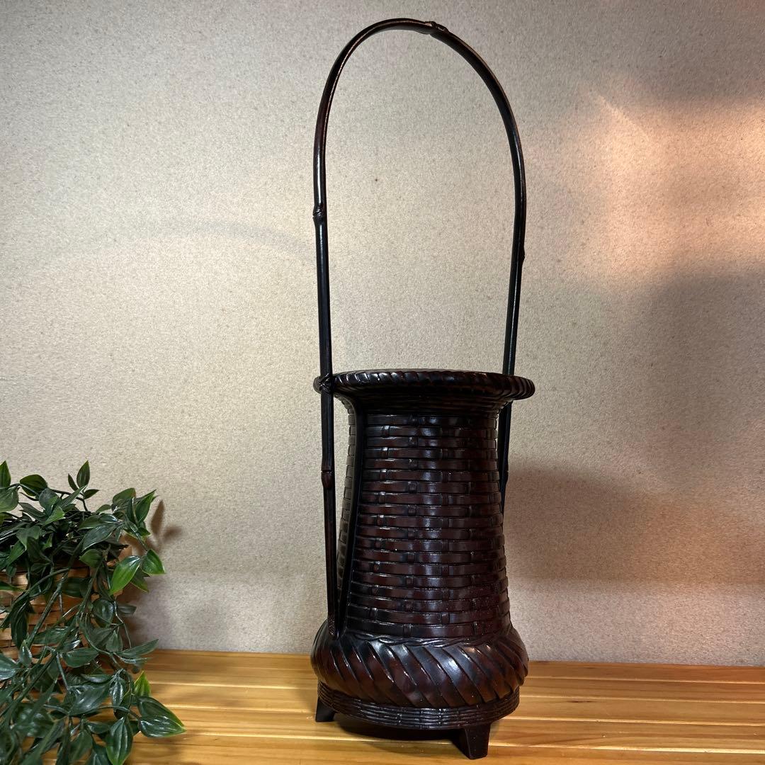 高岡鋳物　網代花器　瑞峰作　鋳金製　　　　華道・池坊　長期保管品