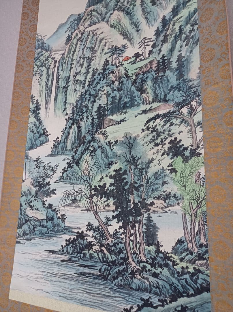 レア おもてなし 軸 絵 龍脈 金運 山水 滝 中国風水 美術 骨董 インテリア