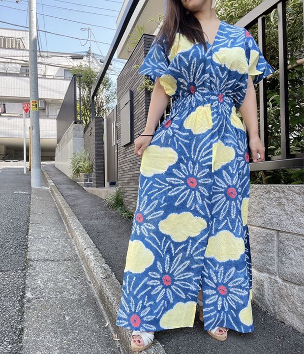 浴衣　リメイク　有松絞り　ワンピース ハンドメイド　ロング　シンプル　青　黄色