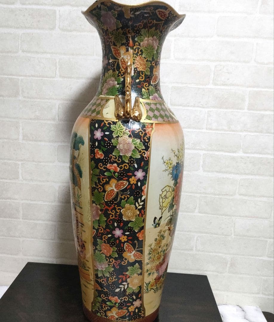 中国美術 大型飾り壺 双耳大花瓶 金彩 美人画 花鳥蝶 豪華爛漫 60cmサイズ