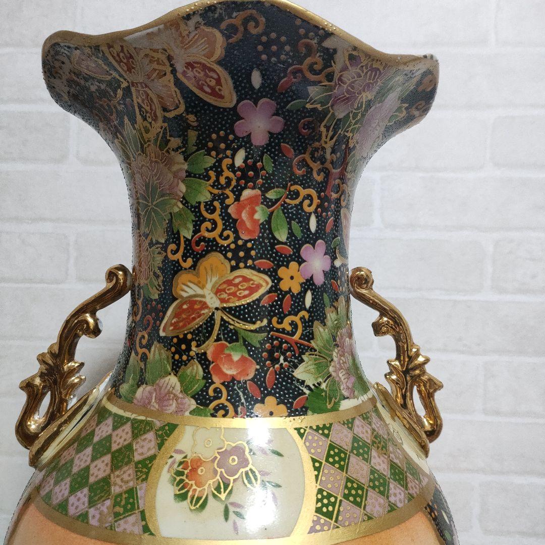 中国美術 大型飾り壺 双耳大花瓶 金彩 美人画 花鳥蝶 豪華爛漫 60cmサイズ