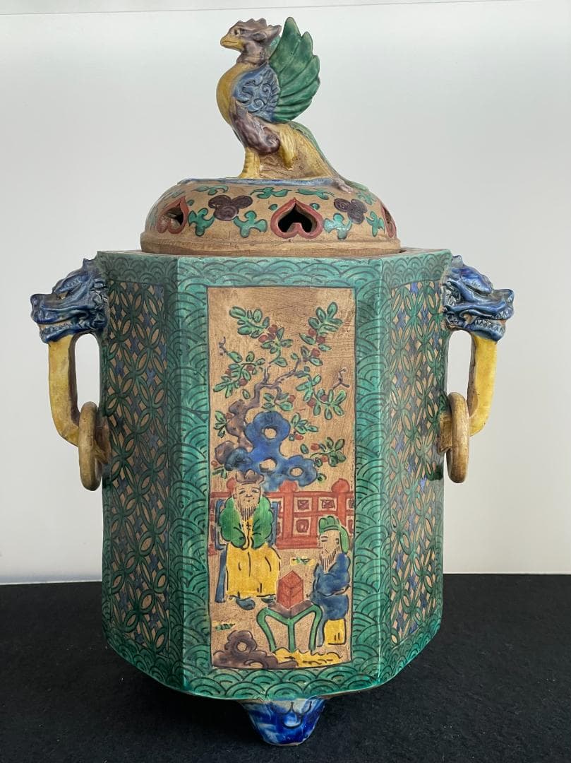 希少 古九谷 青九谷 青手 香炉 角福 1800年 香炉 鳳凰 獅子 吉田屋