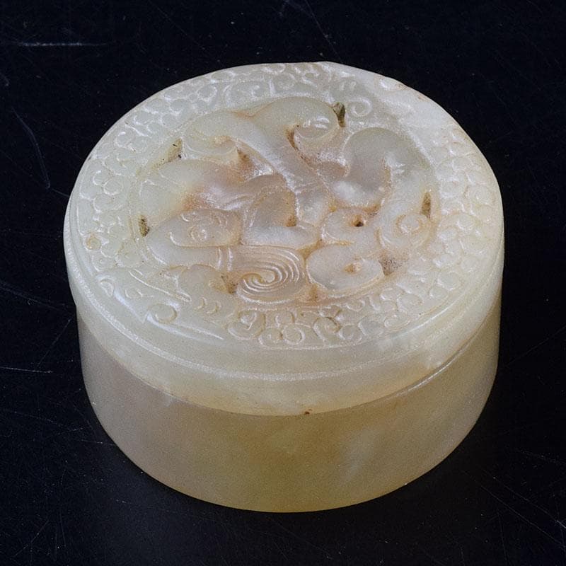 中国　玉石白玉彫刻　人物彫　盒子　蓋物　C　R8624