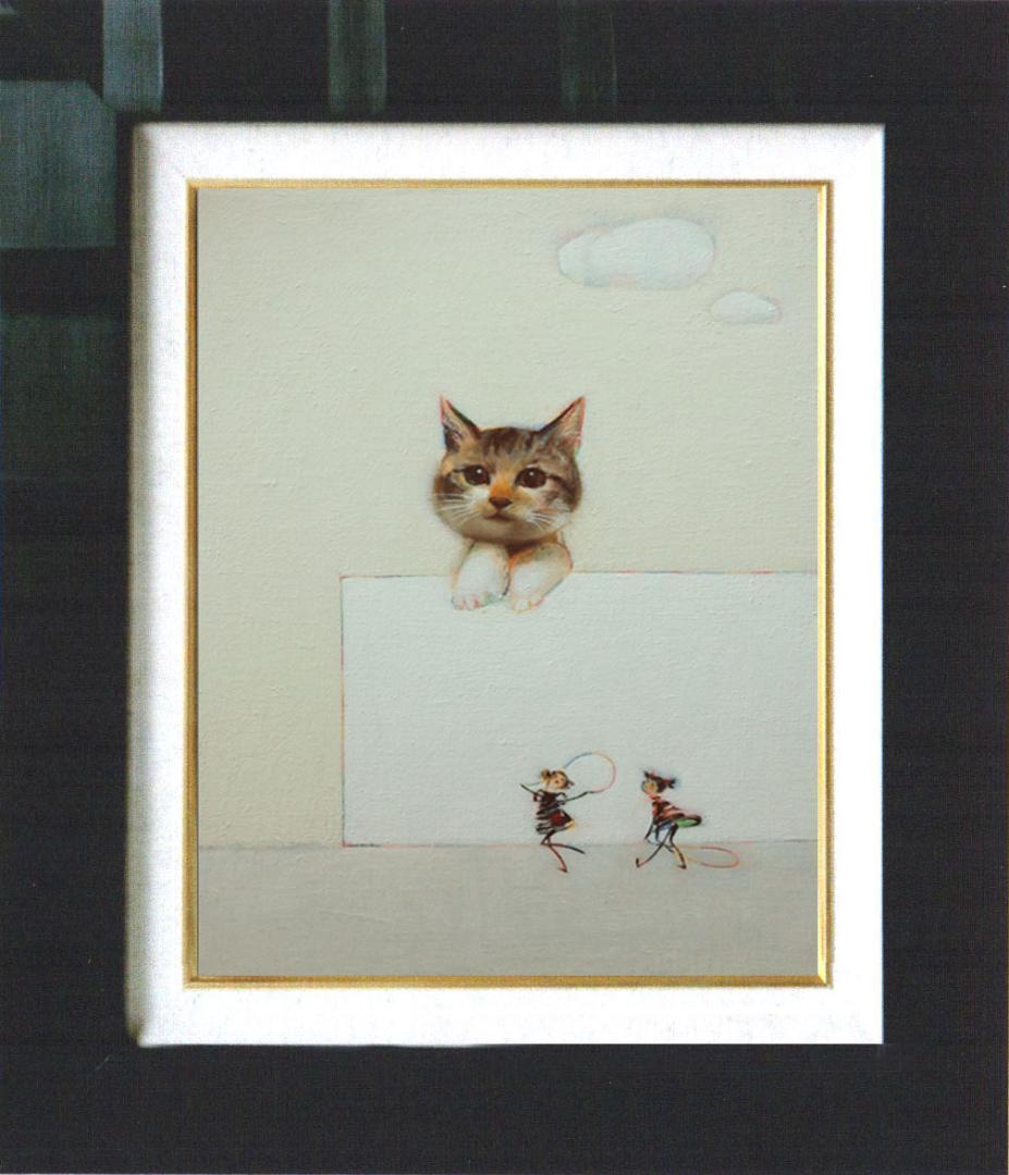 油絵 菅家令子 絵 絵画 インテリア 額付(黒) F4-091218 子猫女の子