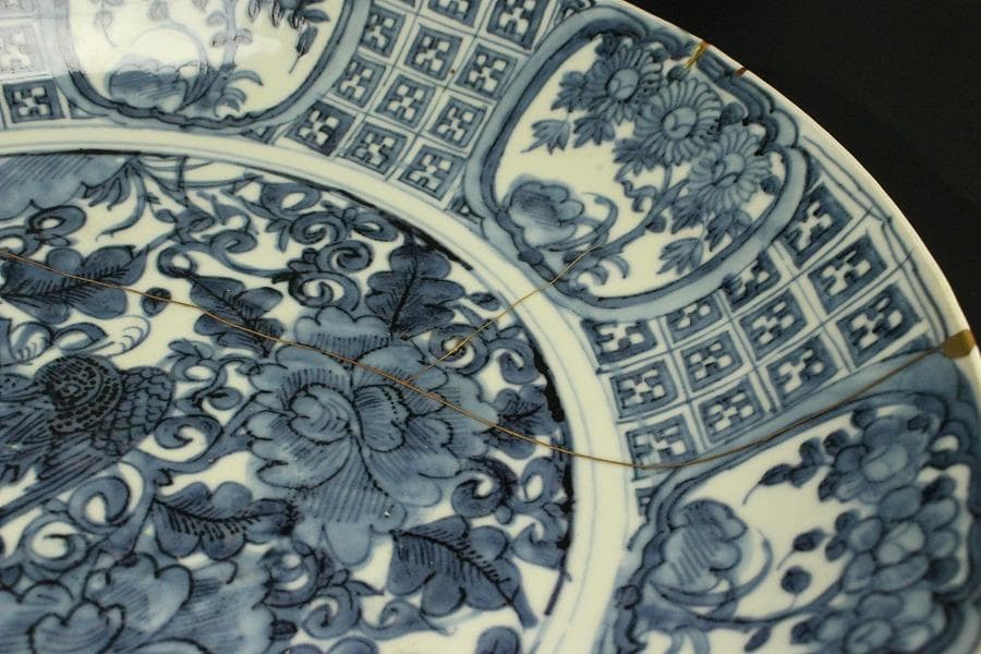 中国美術 呉須 青花 花鳥紋 大盤 φ42cm 明 時代箱(LC112)