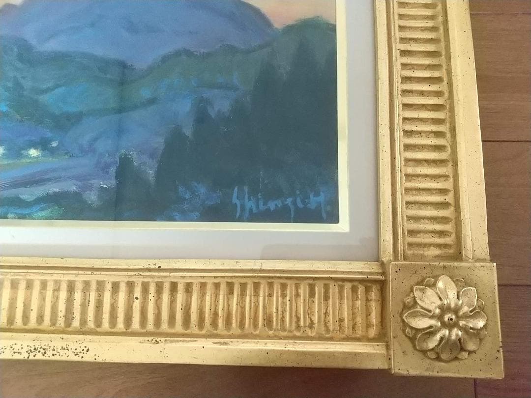 油彩画 「浅間夕景」油絵 絵画 F4 風景画 アート 額装 額縁 古径