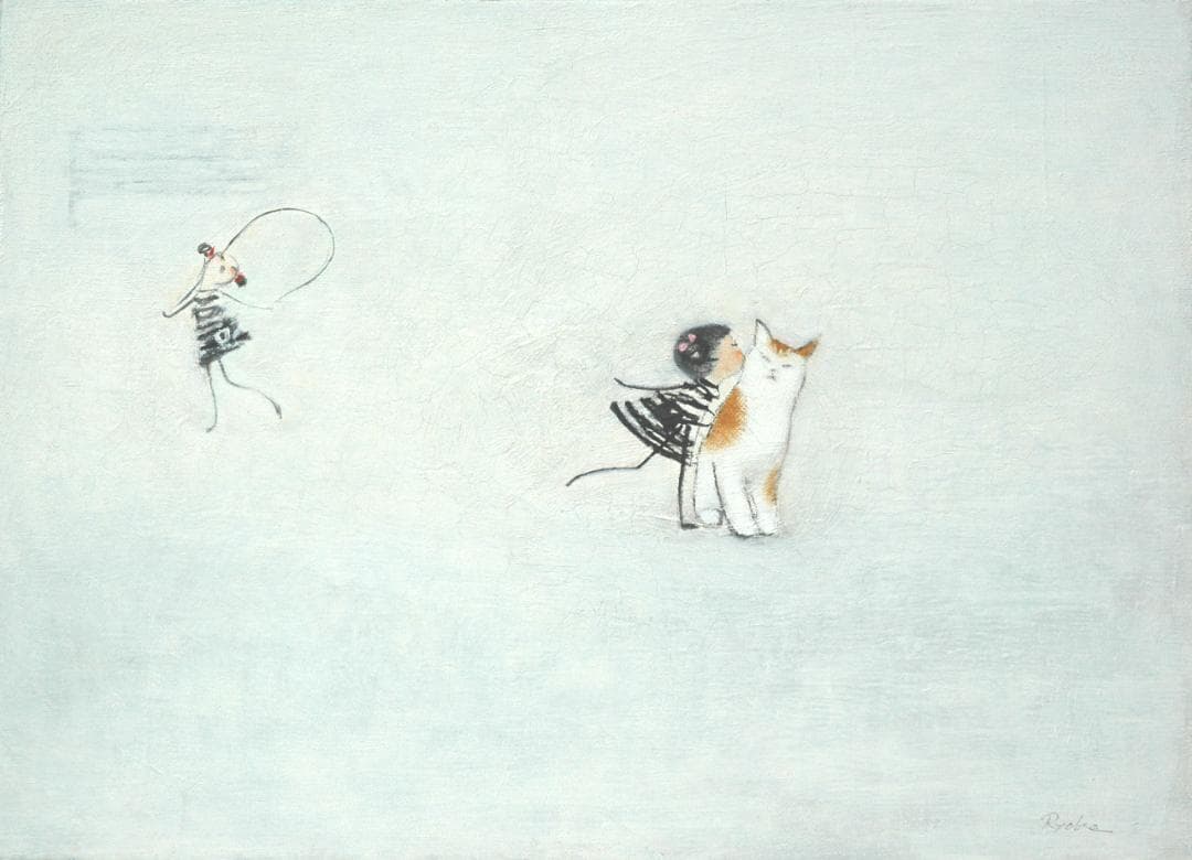 油絵 菅家令子絵 絵画インテリア額付(青緑＋金色の枠)F4-090718子猫女子