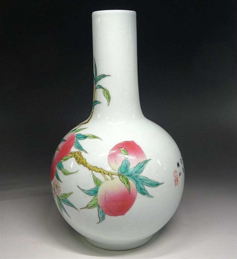 中国古玩 粉彩 桃漢詩文 景徳鎮製 花瓶 高約28.5cm f031107