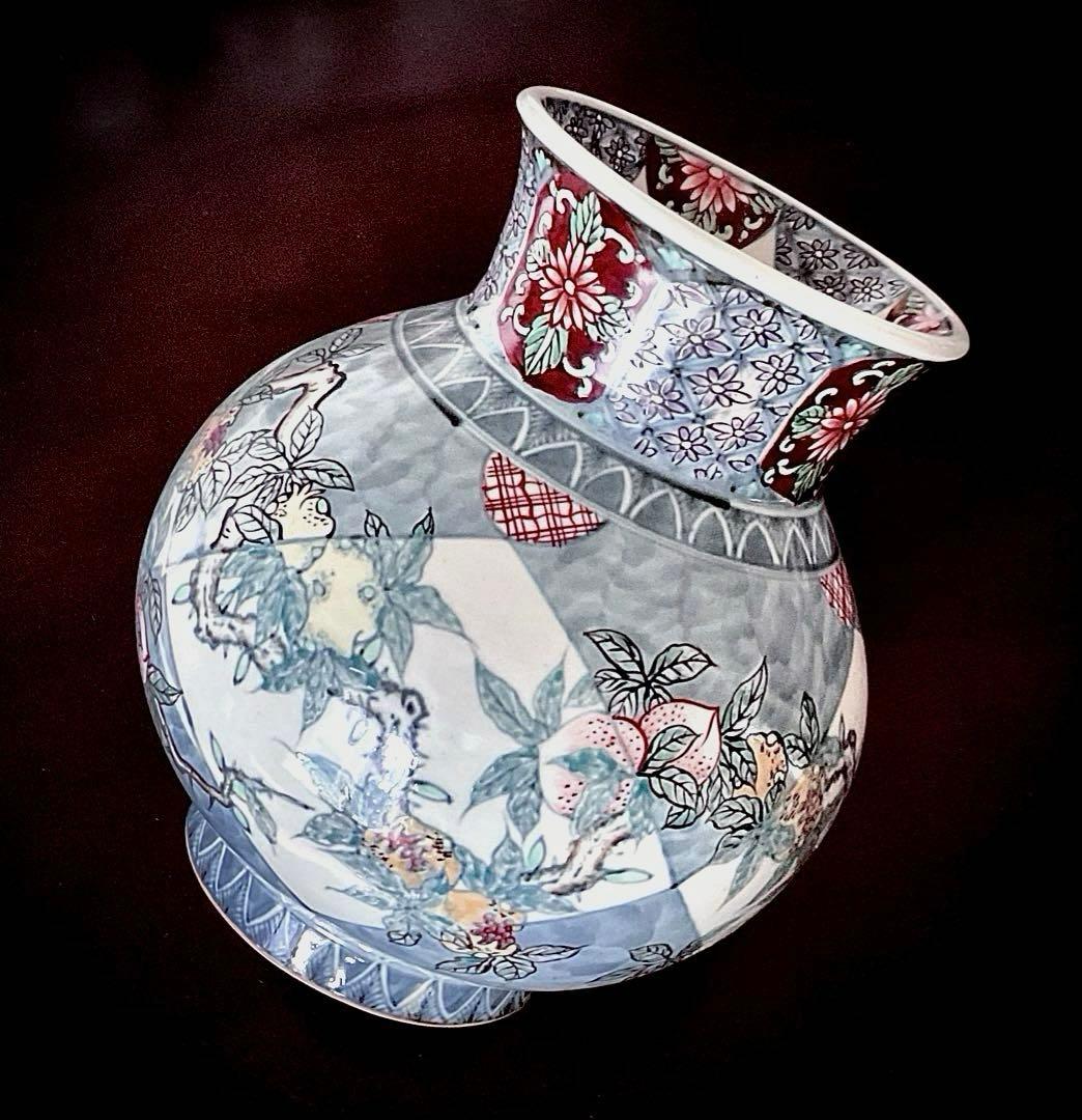 №８８３　佐藤走波（六代）　つぼor花瓶　染錦　柘榴桃絵小花菊文【極上手一点物】