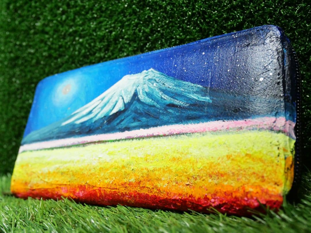 油絵 絵画　長財布【お花畑と満月の富士山】