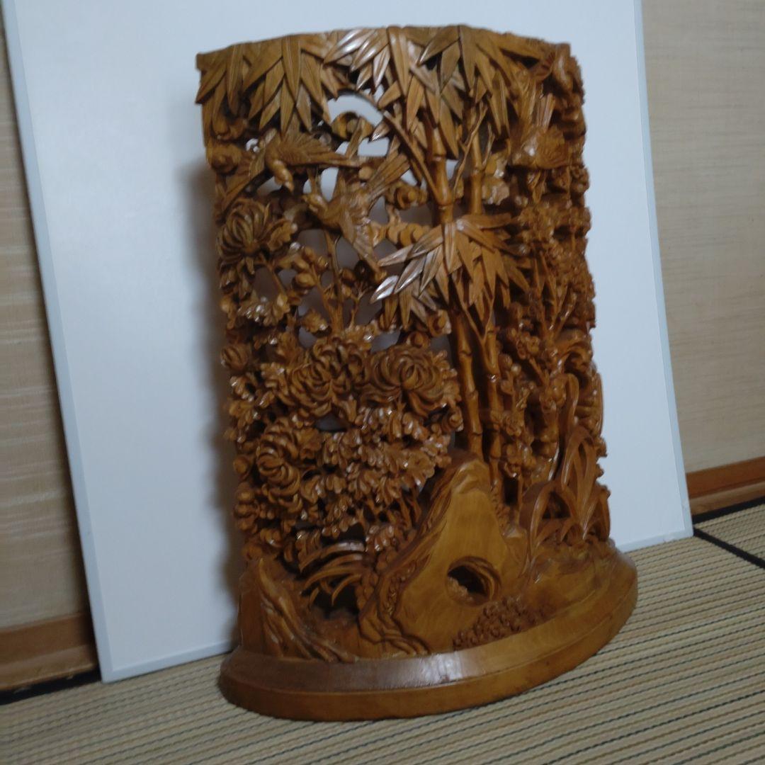 木製インテリア 竹と花の彫刻