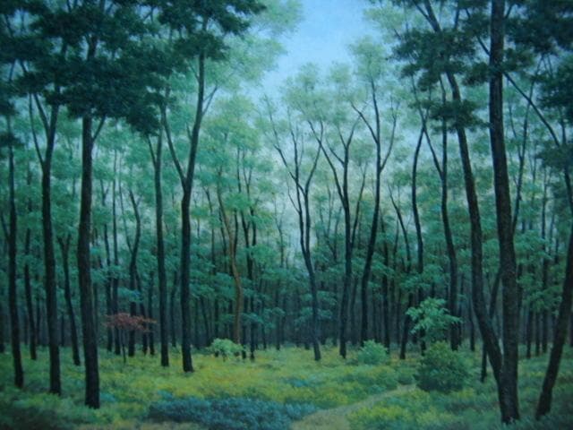 成田 ていすけ 【森の散歩道】 希少画集画、状態良好、新品高級額装付