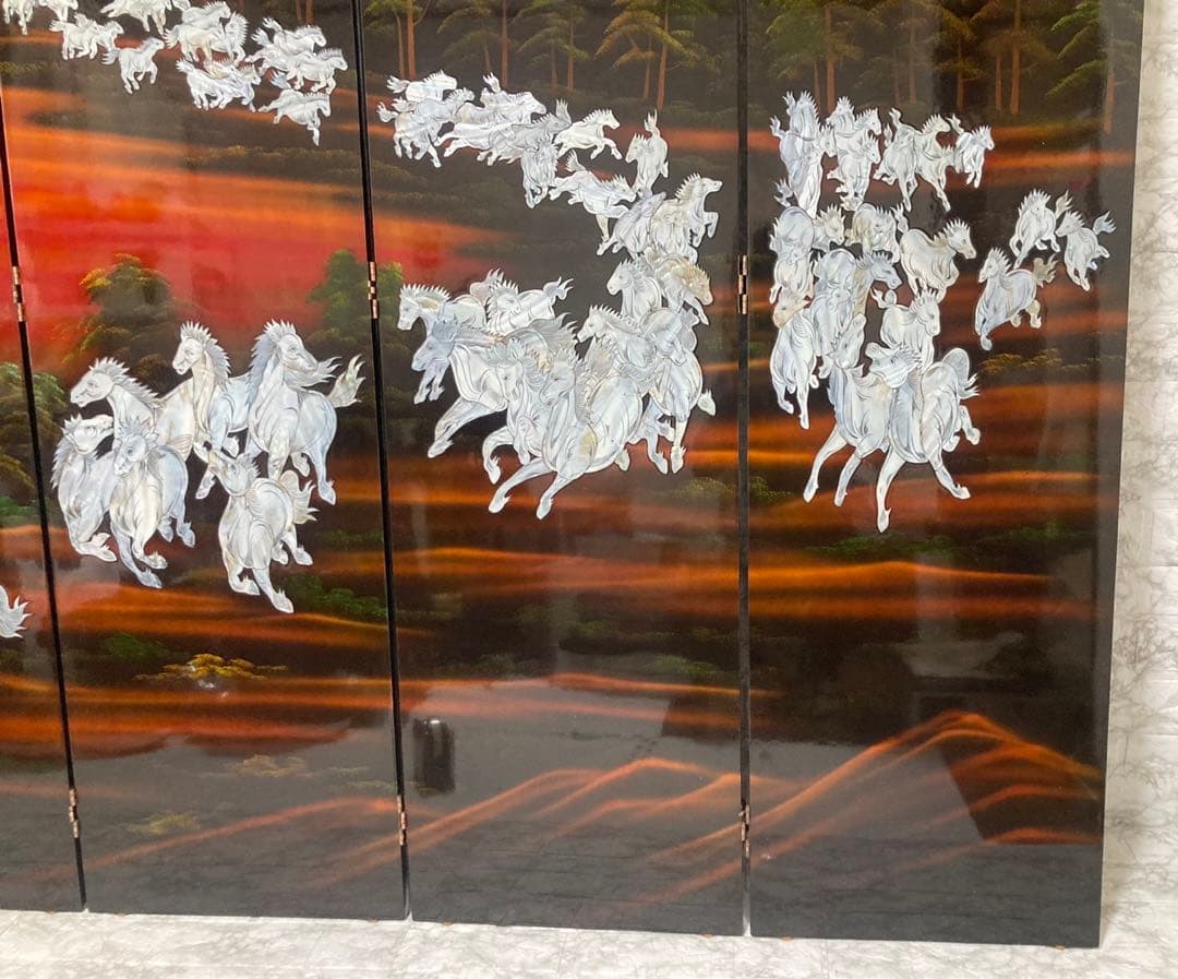 【特大】螺鈿細工 パーテーション 衝立「馬倒成功」 高さ：150cm