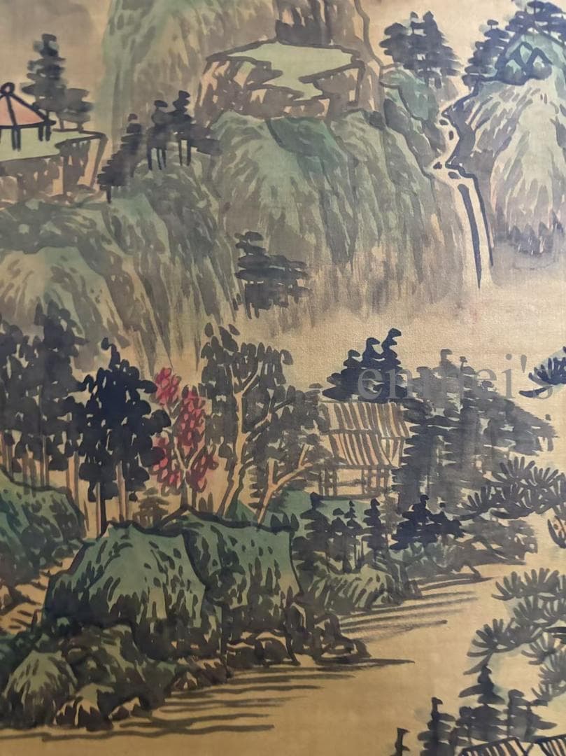 中国古美術 王鑑作款 水墨画 山水画 詩文付き 三尺 絹本 手描き 唐物 肉筆