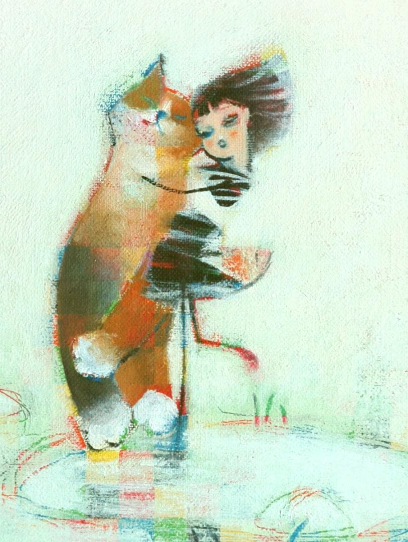 油絵 菅家令子 絵 絵画インテリア額付(銀) F4-072719 子猫女の子