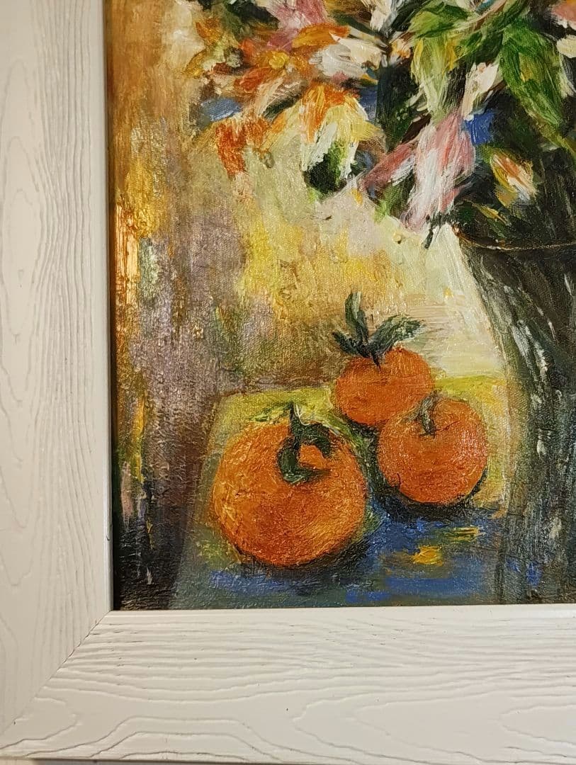 油彩画 花とオレンジ　静物画 フレーム付き 油絵