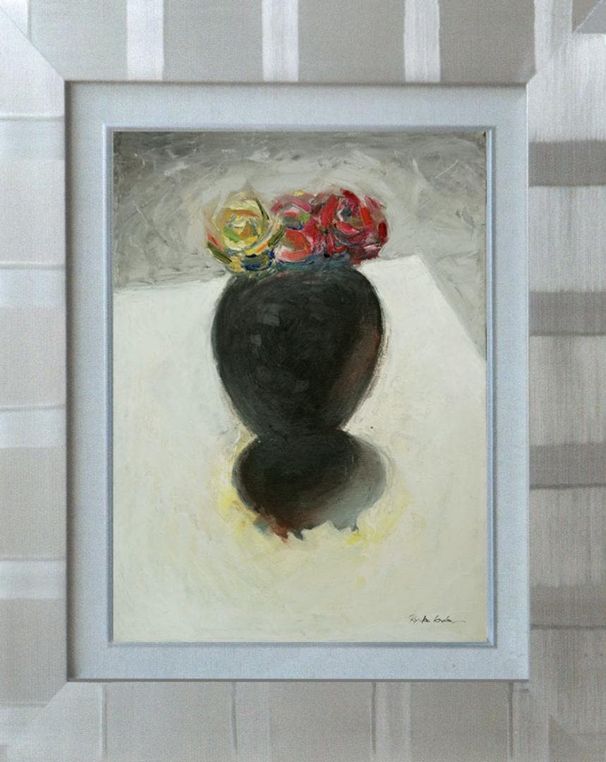 油絵 菅家令子 絵 絵画インテリア額付(青緑＋金色の枠)uF6-071002ばら