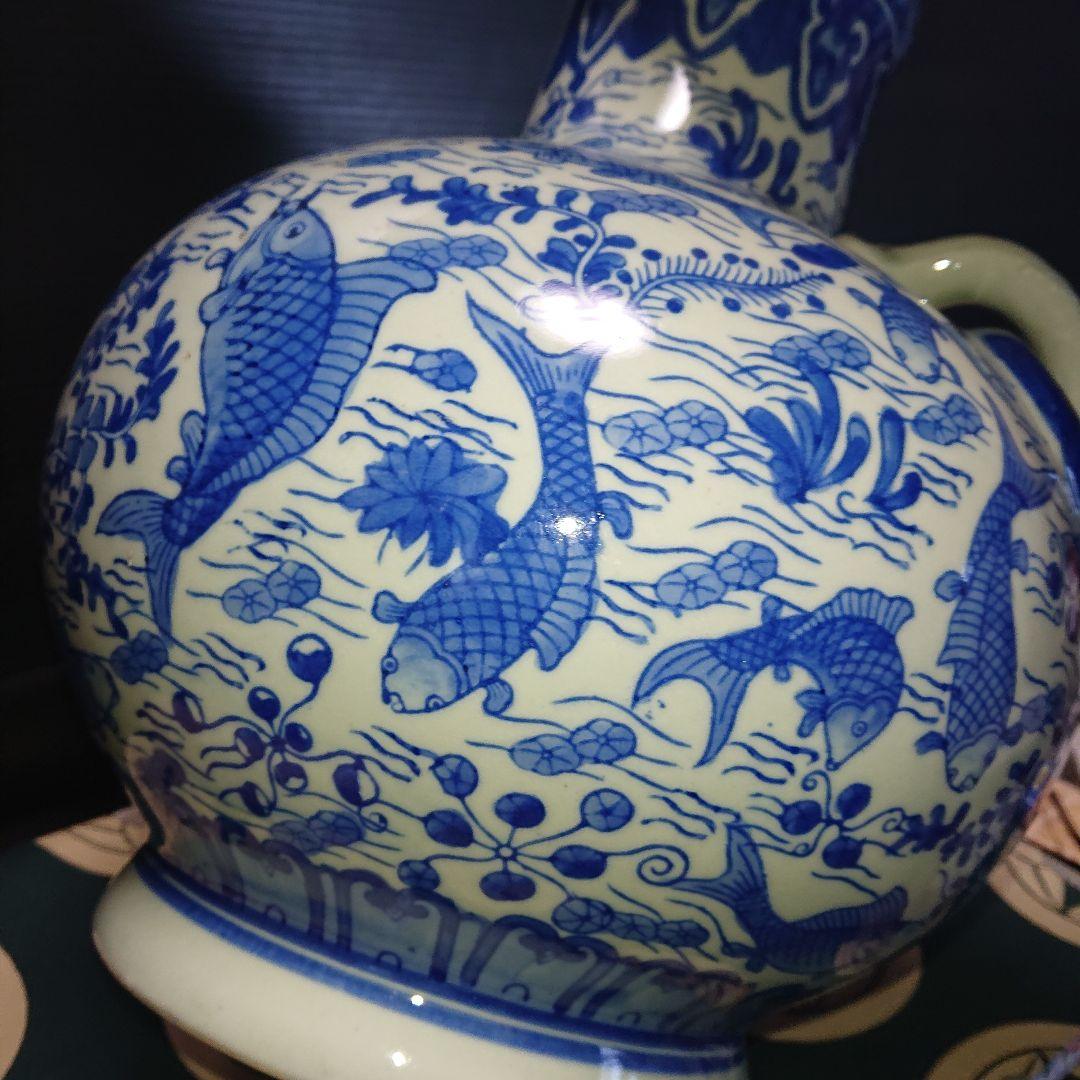 時代物、染付、魚藻紋壺、花瓶