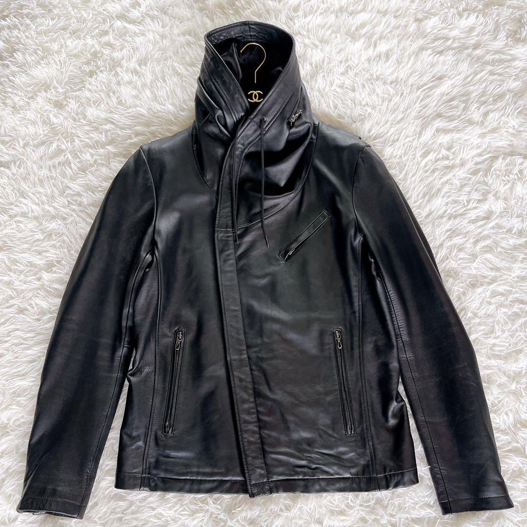 【キャサリンハムネットロンドン】シングルライダース フード 羊革 黒 XL