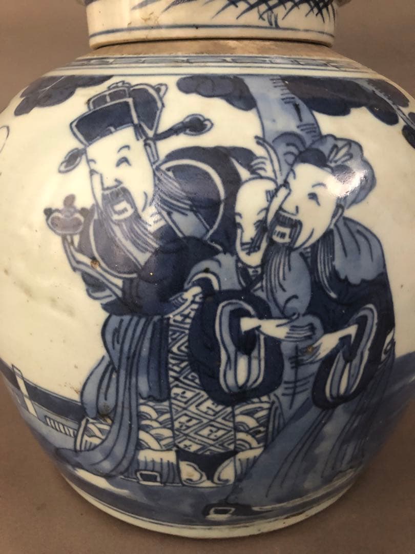 中国骨董　古美術　清朝道光　青花人物紋瓶　壺