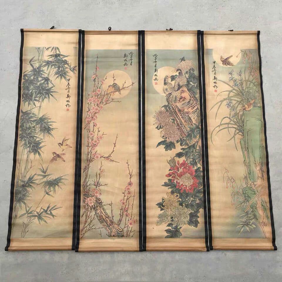 鄭板橋  古絵画  梅蘭竹菊の花鳥図   四条屏掛画 コレクション2