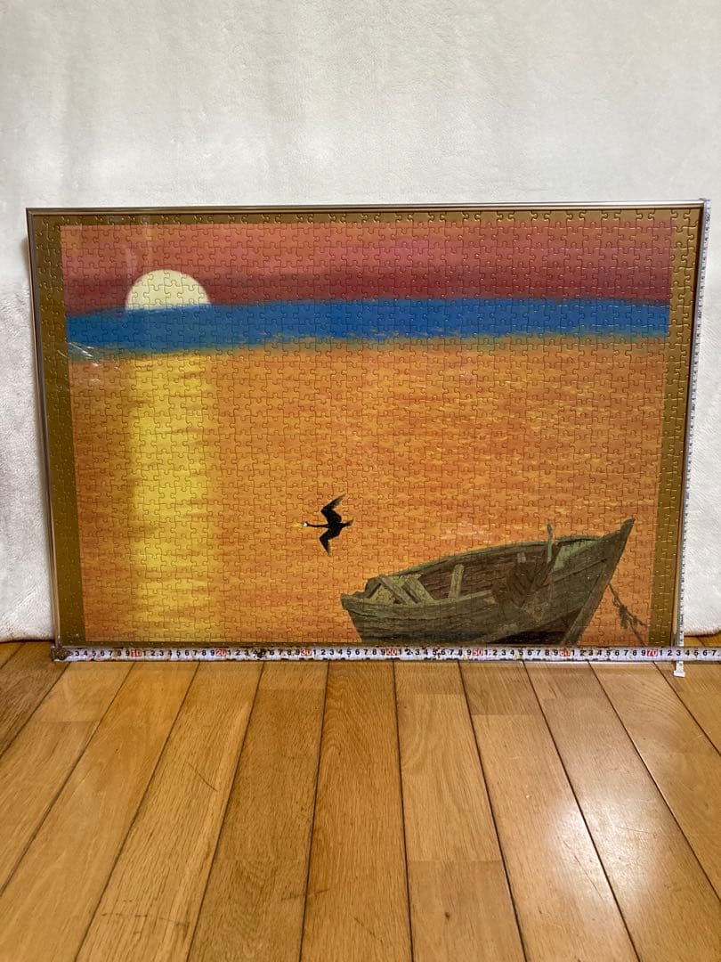 千P⑫夕日にボートと鳥　ジグソーパズル　金属額　長良川の鵜飼？夕暮れに飛ぶ鵜かね