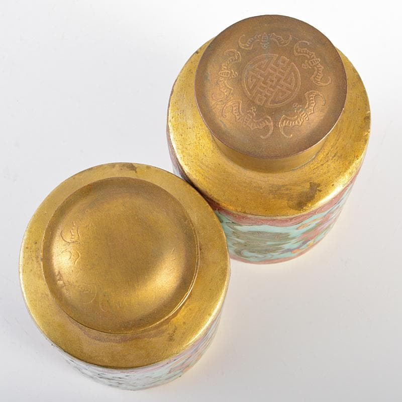 中国　古七宝琺瑯彩　花文　茶入　一對　M　R6636