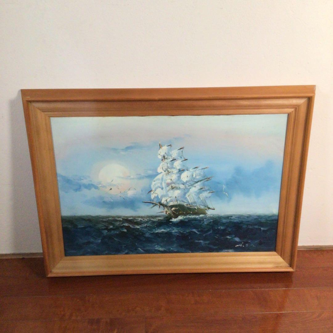 No4800 額装　油彩画　朝日　帆船　直筆サイン　箱付　絵画　美術　送料無料