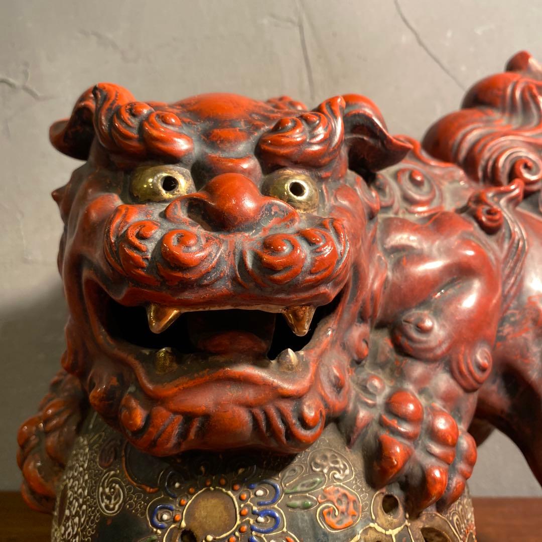 時代物 九谷焼 玉乗り獅子 置物 30cm超え 骨董品 魔除け オブジェ 古手