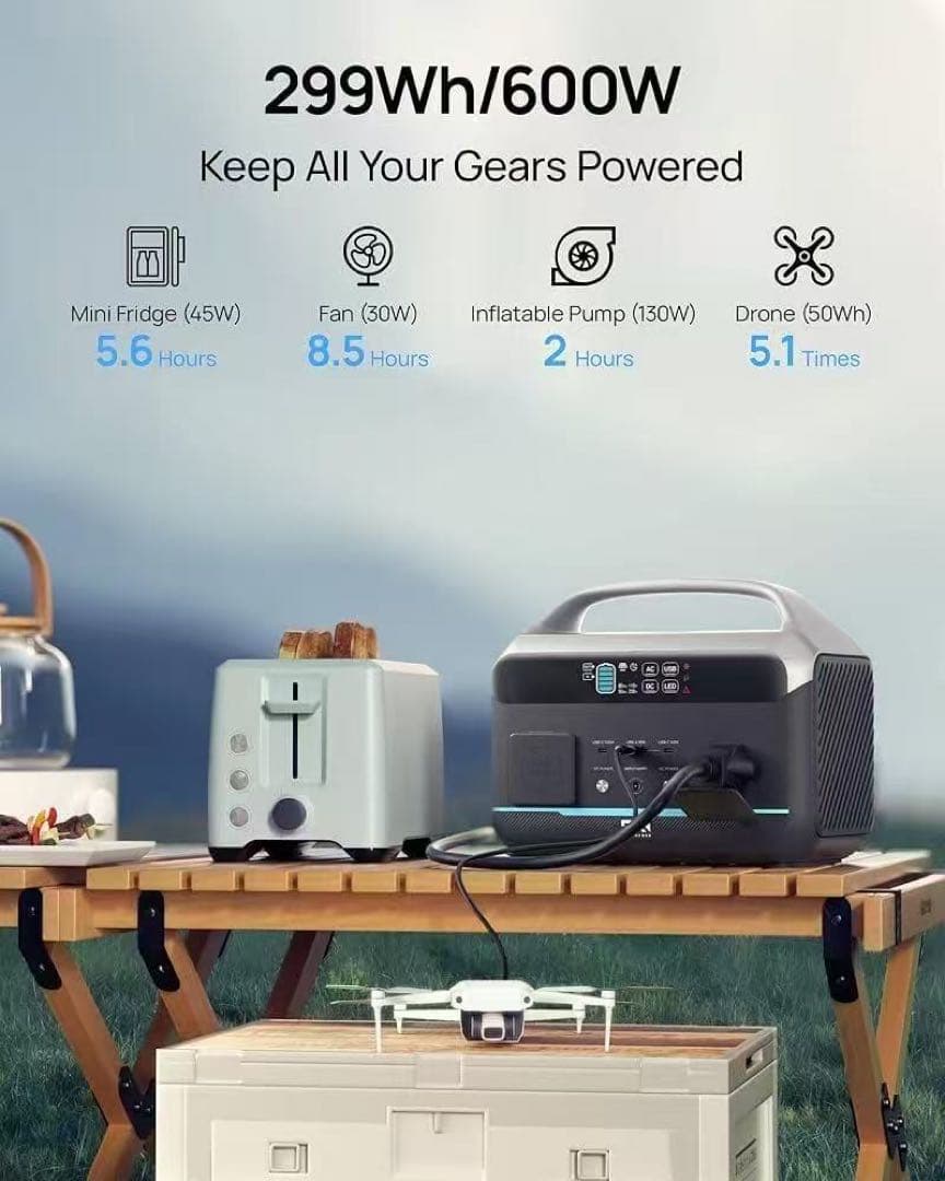 ポータブル電源大容量600w 307.2Wh 災害 ソーラーキャンプ 軽量