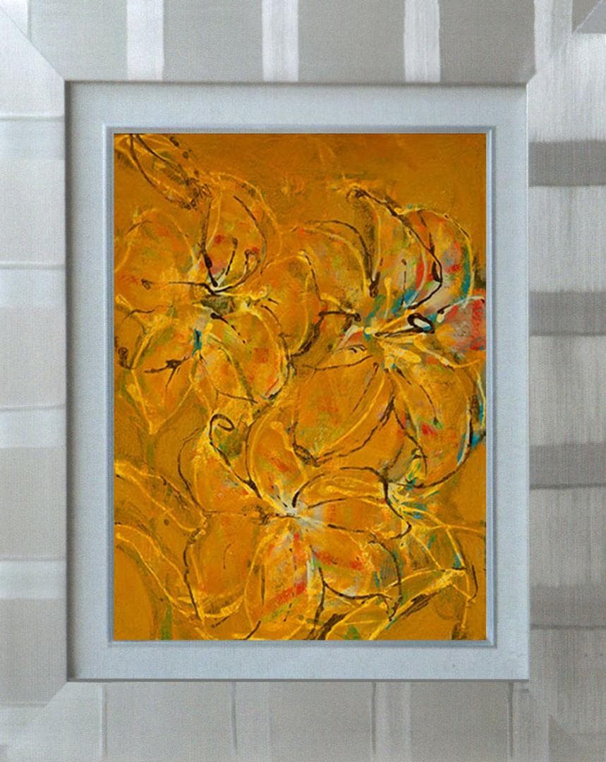油絵 菅家令子 絵 絵画インテリア額付(青緑＋金色の枠) F4-090316ゆり