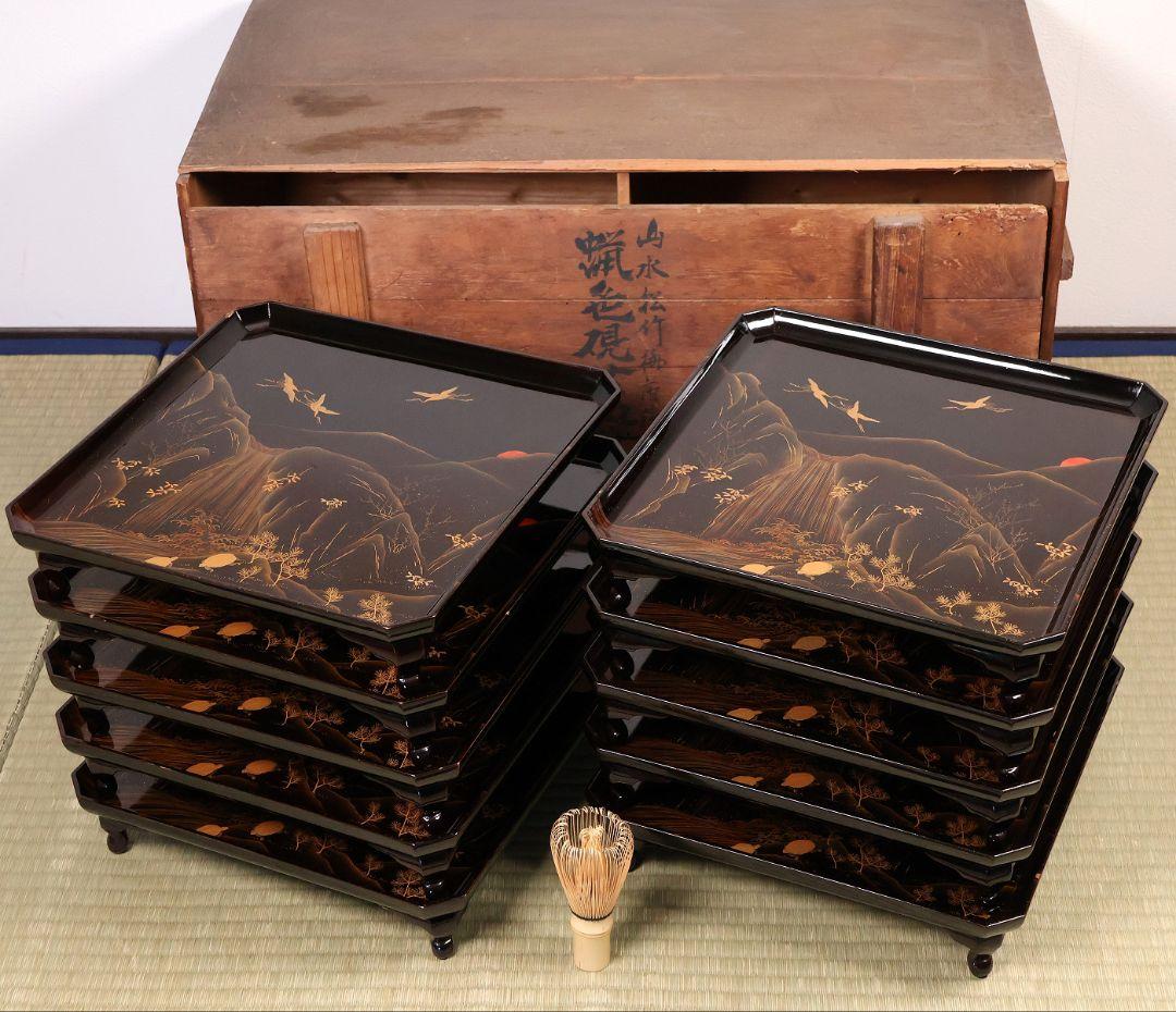 漆芸 山水松竹梅 蝋色塗硯蓋形座附膳 十客 金蒔絵 四方膳 蓬莱鶴亀【CM390