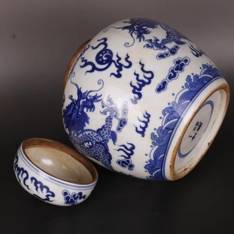 清康熙鯖双龍戯珠紋蓋缶 景徳鎮 陶磁器 装飾品 現代工芸品 美術品 置物