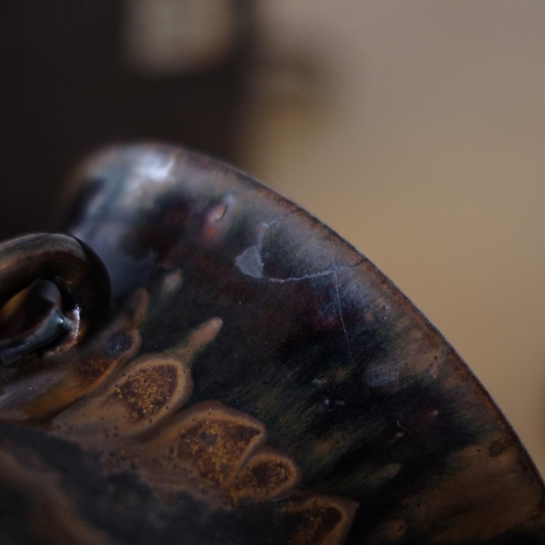 江戸時代　古瀬戸　双耳天目釉　水差　共箱付 索黒高麗李朝古唐津茶道具茶道骨董