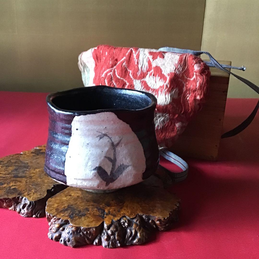 織部筒茶碗　肩身替リ　時代物