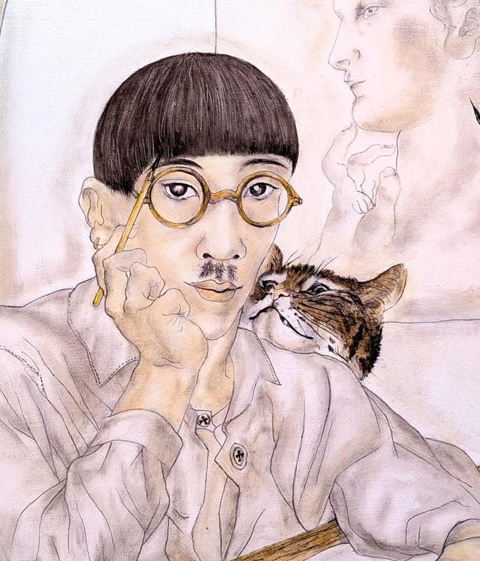 伊藤和生　藤田嗣治作「アトリエの自画像]リヨン美術館所蔵　油彩画にて模写 　額装