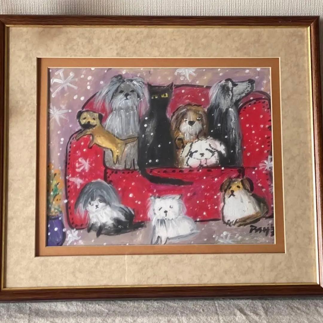 絵画。原画手描き【雪が降る冬、かわいい犬と猫の楽しい写真記念】