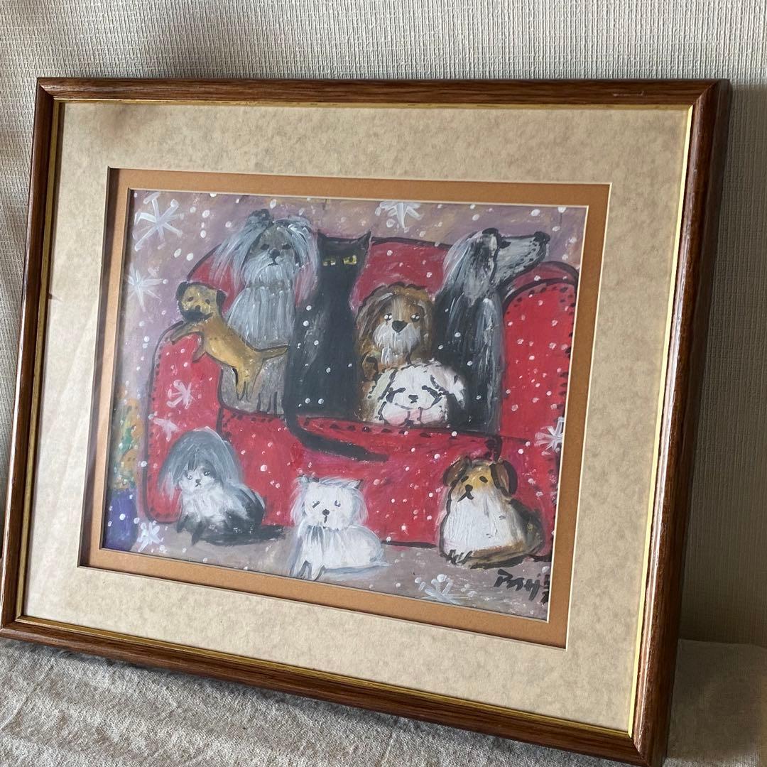 絵画。原画手描き【雪が降る冬、かわいい犬と猫の楽しい写真記念】