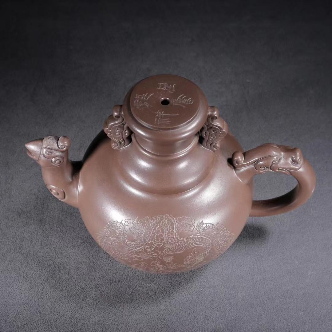 中国古美術・原礦紫泥・陳鳴遠製陶紋・龍鳳吉祥紫砂壺・紫泥急須・茶壺・茶道具・賞物