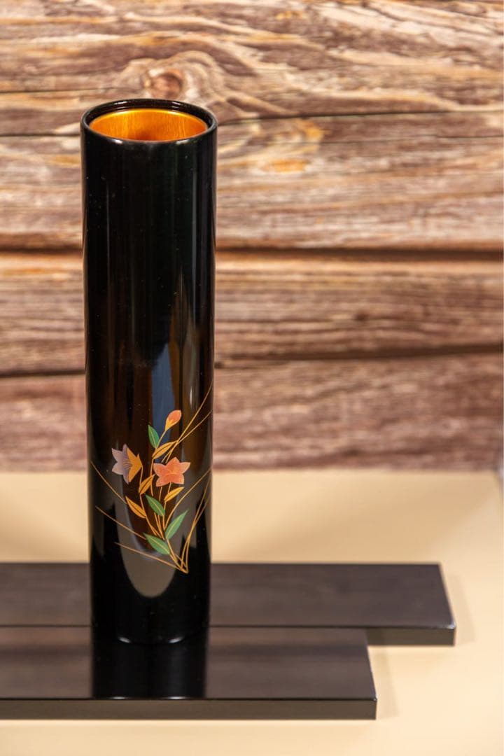 会津塗 花器 花瓶 黒漆 花文様 共箱付 飾り台付 高級漆芸品