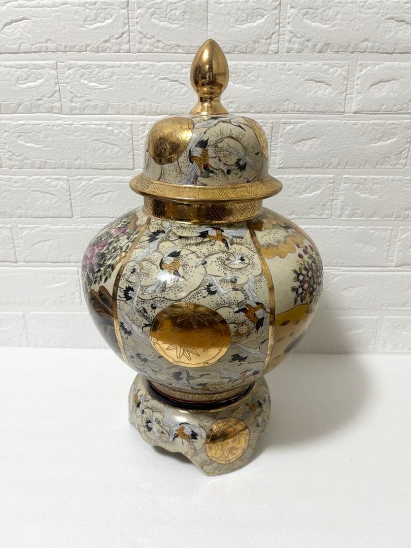 薩摩焼/栄盛窯/瀧山 作/金襴飾壷/骨董/飾壷インテリア/オブジェ/花生/三段壷