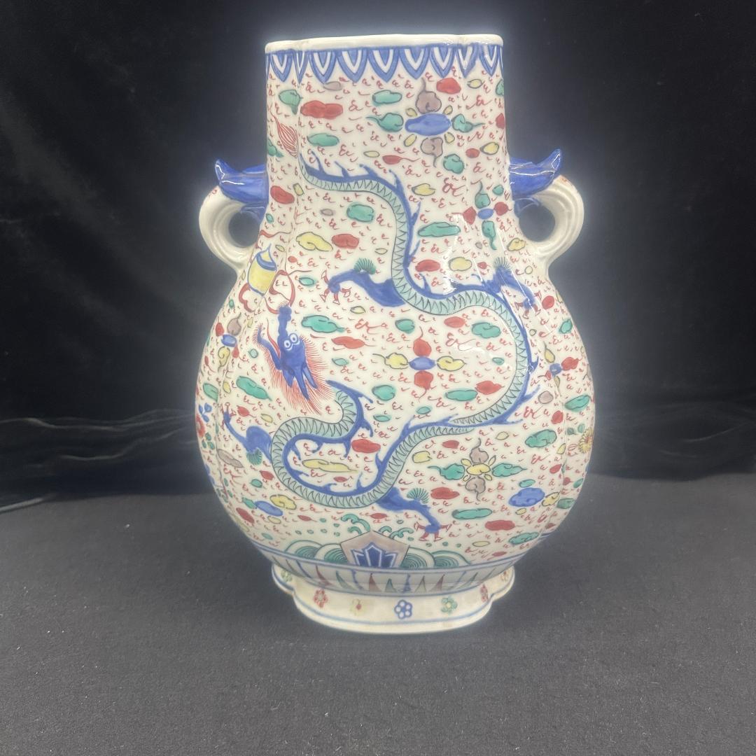 萬暦赤絵龍の図双耳瓶 明時代 花瓶