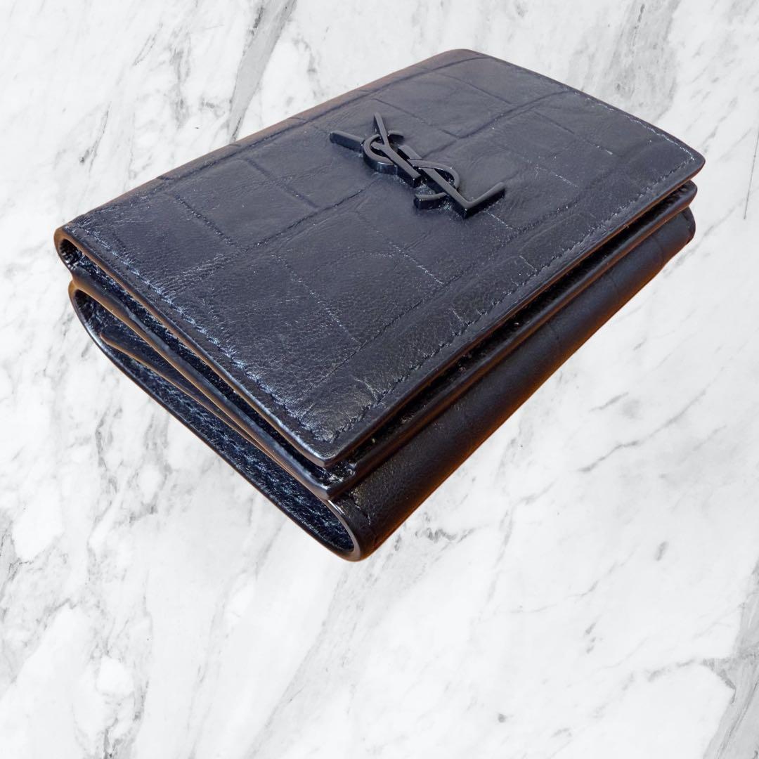 極美品✨サンローラン YSL カサンドラ クロコ型押し 三つ折り財布 黒
