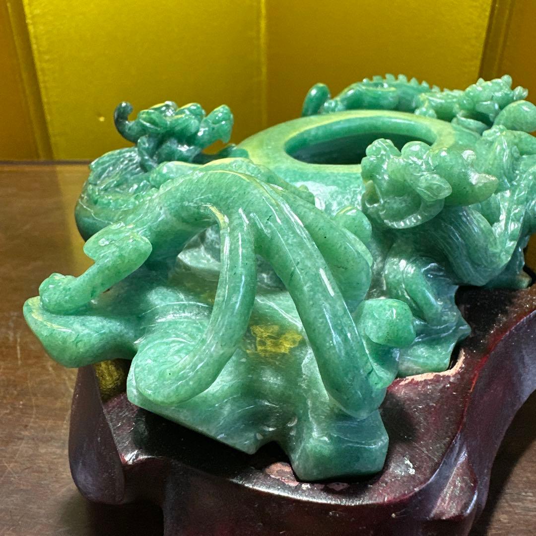 翡翠，置物，文房具，彫刻 ，木製台座付き