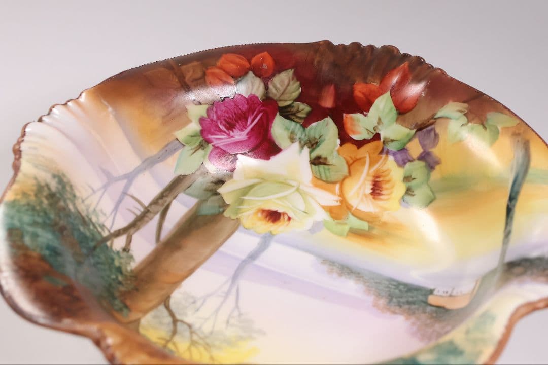 【CM309】オールドノリタケ 風景 薔薇 皿 鉢 幅21.8cm 湖畔 明治