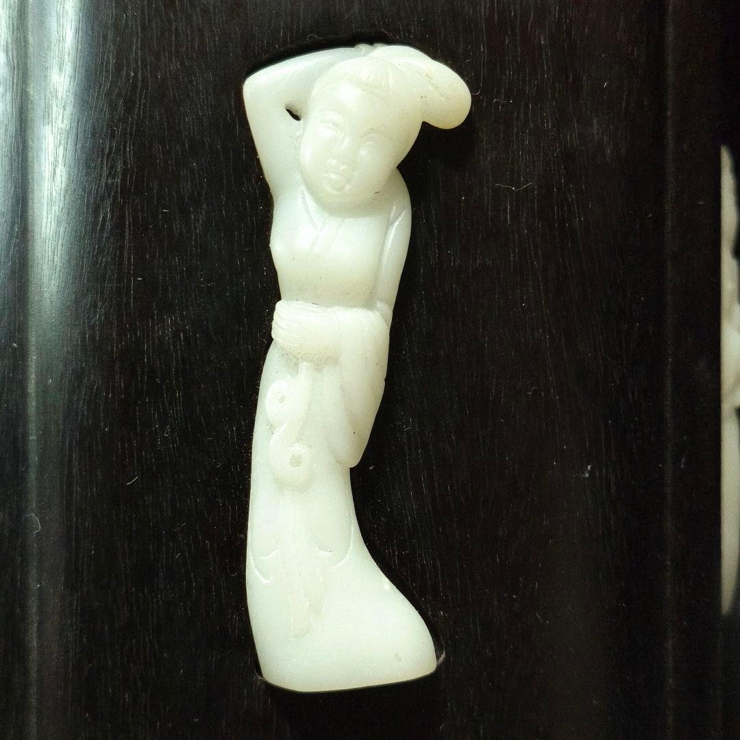中国骨董 紫檀筆筒 白玉彫仕女図象嵌 古美術 アンティーク 旧家蔵出 蒐集家放出