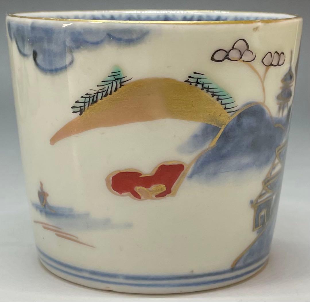 蕎麦猪口　楼閣山水図　古伊万里　切込　染錦　5客　C0095