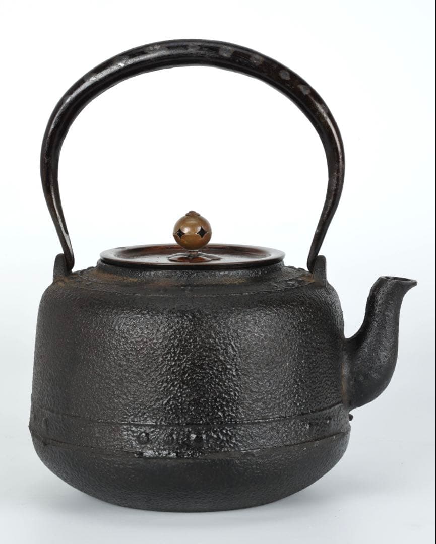 【時代鉄瓶】班柴銅蓋 累座紋 萬代屋形鉄瓶 茶道具 湯沸 古鉄瓶 古美術 骨董品